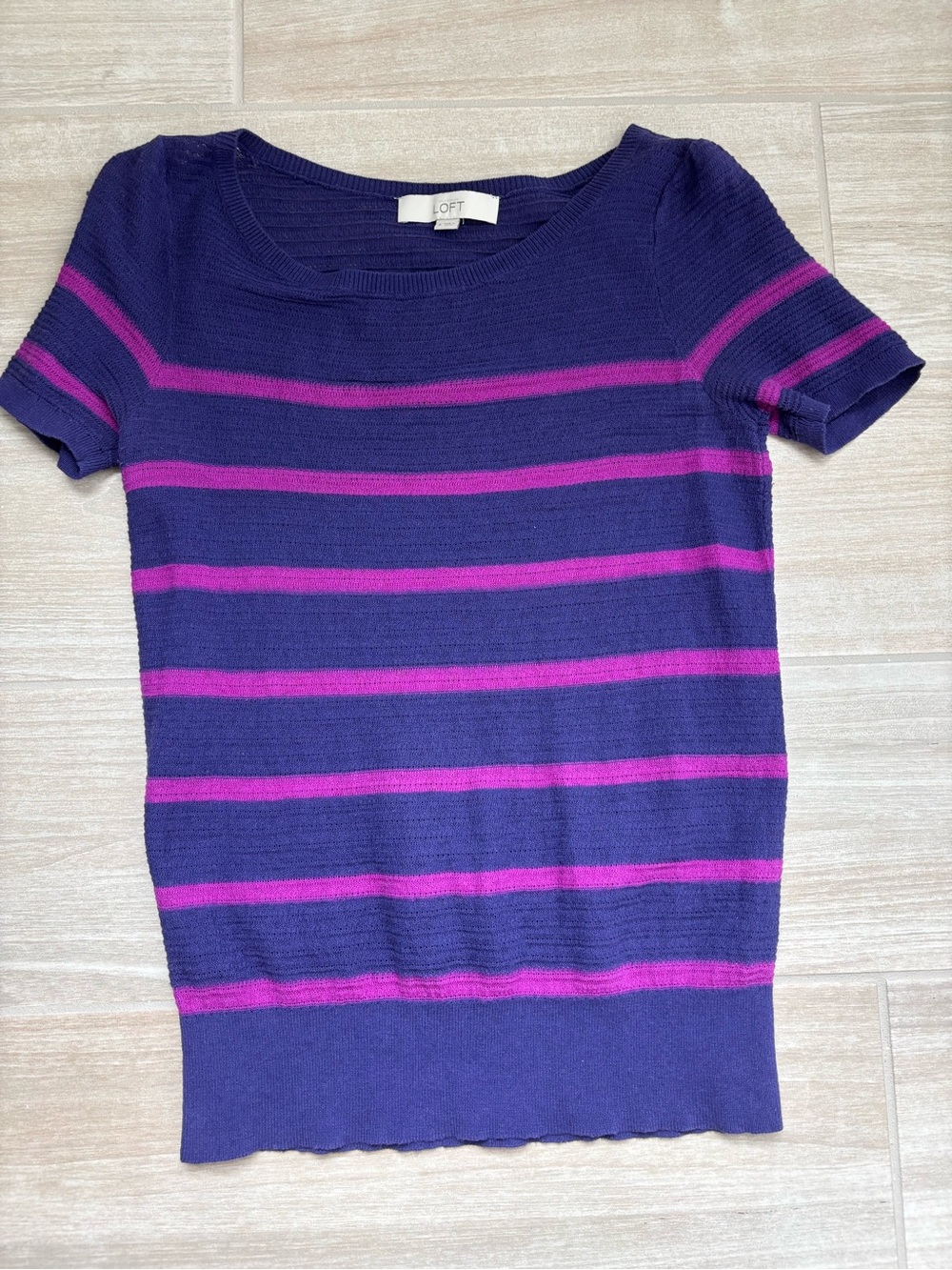 LOFT Size Small Purple and Fuchsia Striped Short Sleeve Knit Top